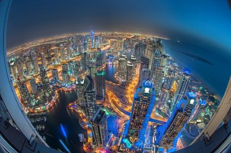迪拜码头，迪拜，阿联酋，迪拜码头，迪拜，阿联酋，夜晚的城市，全景，建筑，摩天大楼，海湾，海岸