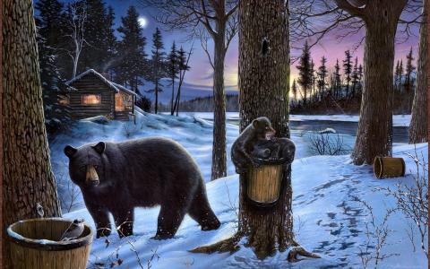 ervin molnar，熊，熊，小熊，家庭，冬天，雪，森林，房子，夜，黄昏，景观，绘画，艺术
