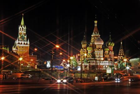 莫斯科，克里姆林宫，寺庙，夜，灯