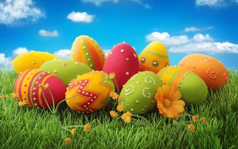 复活节，krashenki，复活节彩蛋，鲜花，草，天空