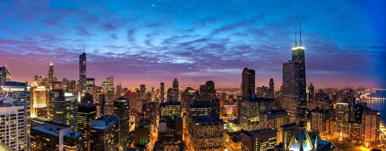 芝加哥，芝加哥，建筑，摩天大楼，全景，夜晚的城市