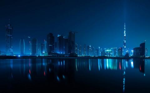 迪拜，夜晚，灯光，摩天大楼