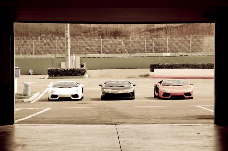 兰博基尼Aventador，车库，三辆车，白色，黑色，红色
