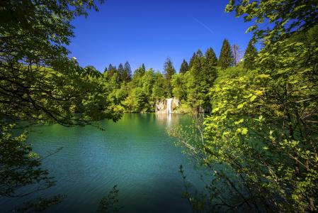 国家公园Plitvicer看，克罗地亚，湖，树木，瀑布，景观