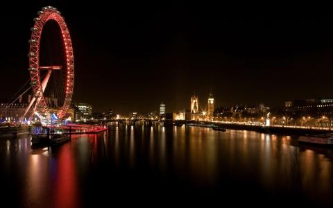 观察者的轮子，泰晤士河，伦敦，夜晚的城市