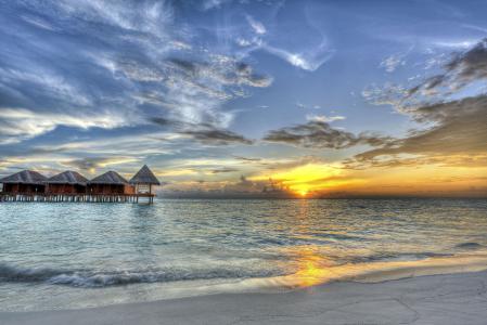 日落，马尔代夫，平房，景观