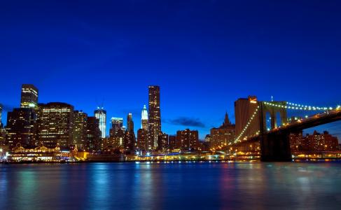 纽约，桥梁，房屋，摩天大楼，灯光，夜