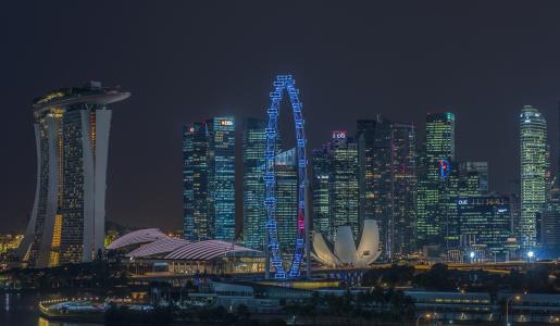 新加坡，新加坡，夜晚的城市，摩天大楼，车轮的视图