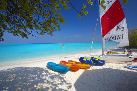 马尔代夫，马尔代夫，海洋，阳光，沙滩，海滩，双体船，风帆，香蕉
