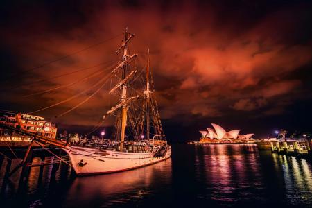 悉尼，澳大利亚，悉尼，澳大利亚，悉尼歌剧院，悉尼歌剧院，海湾，帆船，夜景