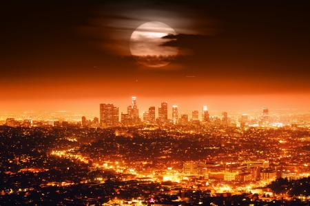 美国，城市，灯，晚上，洛杉矶，天际线，满月