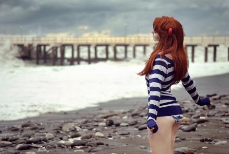 红头发，女孩，海，海滩，码头