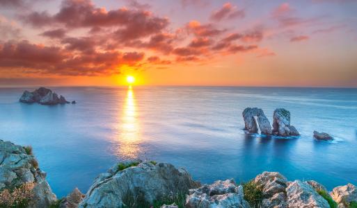 海，日落，岩​​石，景观