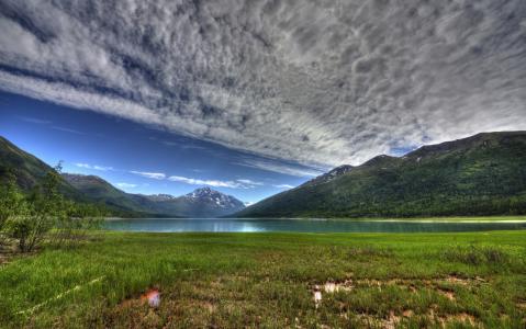 Eklutna湖，阿拉斯加，Eklutna湖，阿拉斯加，山，云，湖
