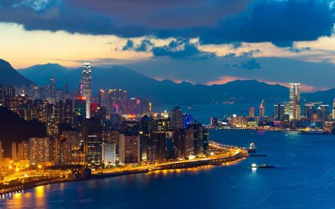 香港，摩天大楼，天际线，城市，海，水，船，夜，日落，灯