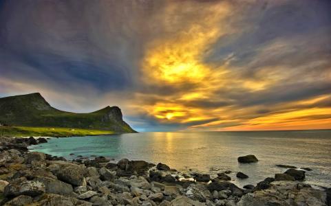 景观，海，岩石，石头，日落，云，挪威罗弗敦
