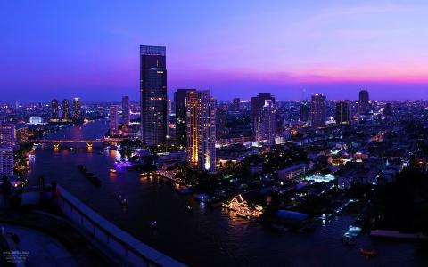 曼谷，城市，夜晚，灯光