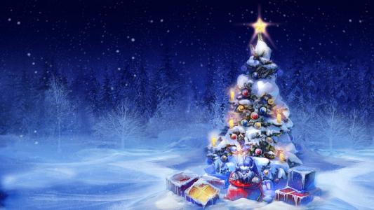圣诞树，新年，雪，灯，礼品