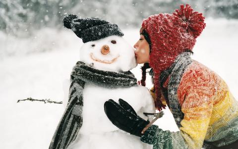 冬天，雪，雪人，女孩，吻