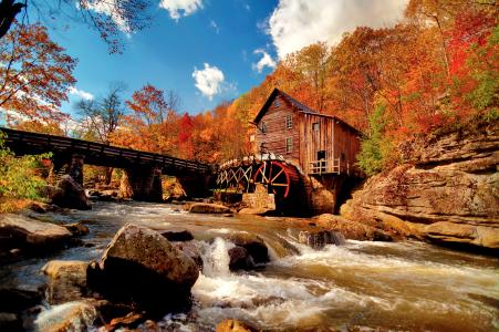 自然，水磨，秋季，河，流，石头，天空，云，秋天的颜色