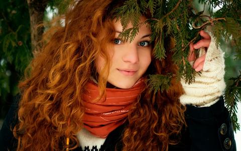 女孩，肖像，看，微笑，红头发，森林