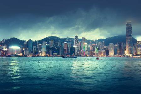 海，天空，香港，建筑物，天际线，河，中国，城市，船舶