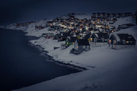 雪，首都，Myggedalen，首都地区，格陵兰岛，城市景观，寒冷，冬天，夜，努克，黑暗，房屋，景观