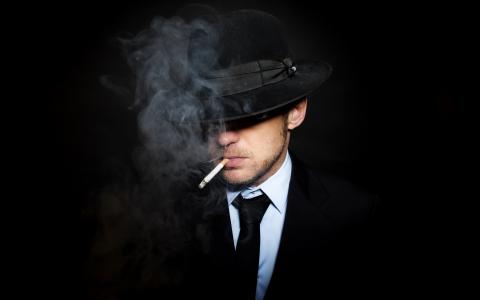 男人，西装，领带，帽子，香烟，黑色背景，烟雾