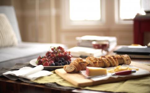 表，早上，早餐，水果，法国卷，奶酪