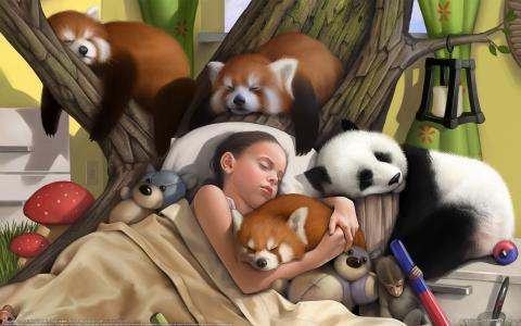 Corrado Vanelli，女孩，动物，玩具，熊猫，猴子，睡觉，泰迪熊，飞行琼脂，艺术
