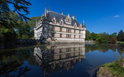 法国的Ase-le-Rideau，宫殿，城堡，天空，树木，池塘，Azay-le-Rideau，法国，城堡