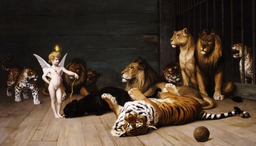 让 - 莱昂杰罗姆，狮子，爱征服者，老虎，绘画，动物