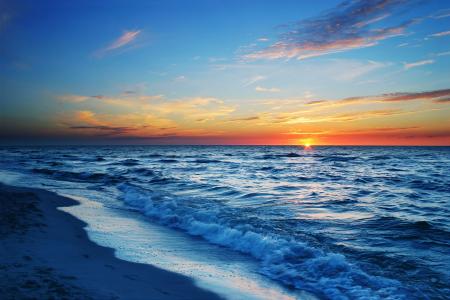 大海，沙滩，晚上，太阳，日落