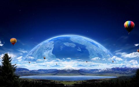 地球，行星，气球，天空，山，湖，性质