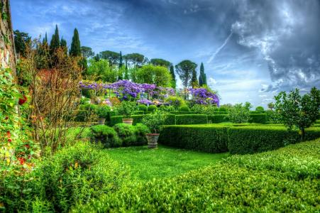 Villa La Foce，意大利基安奇安诺泰尔梅，La Fos，意大利基安奇安诺泰尔梅，花园，公园，灌木丛，树木