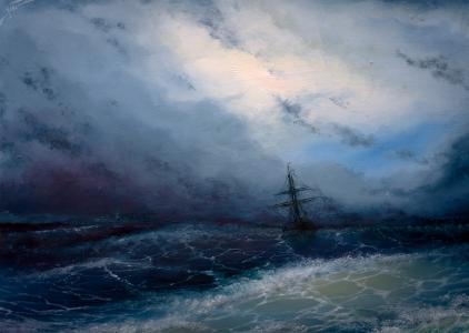 海，船，天空，风暴，波浪