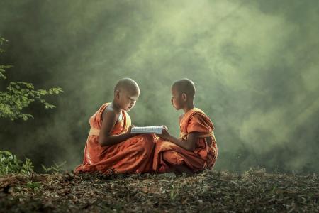 亚洲，尼泊尔，山，儿童，僧侣，阅读