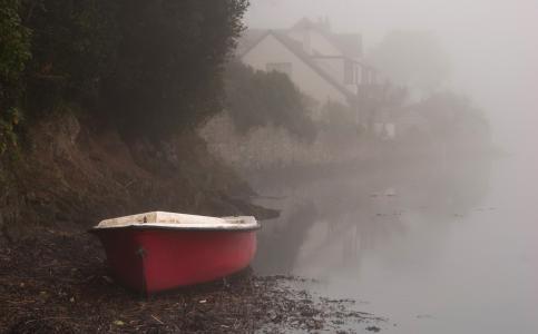 船，河，早晨，岸，房屋，雾