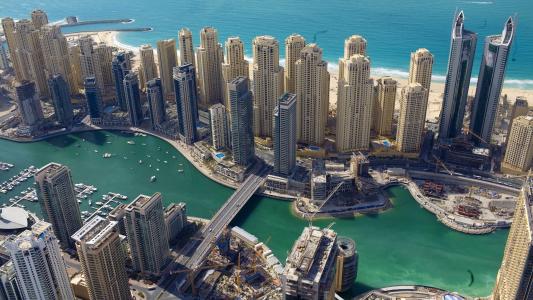 迪拜，阿联酋，迪拜，阿联酋，建筑，摩天大楼，海岸，海，桥