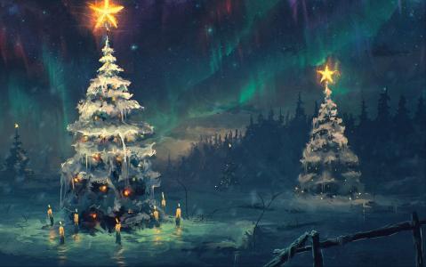 极光Borealis，天空，星星，夜，蜡烛，树木，森林，雪，冬天，绘画，圣诞树，极光borealis