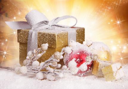 新的一年，礼物，球，冰雪覆盖，分支机构
