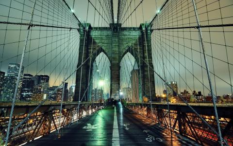 布鲁克林大桥，晚上，纽约市，纽约市，纽约，晚上，灯