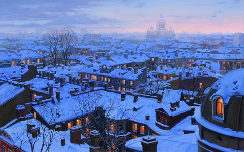 eugenia lushpin，绘画，城市，圣彼得堡，房屋，屋顶，圣艾萨克大教堂，冬天，雪，晚上，ugeny lushpin，圣彼得堡屋顶，晚上，房子，屋顶，圣彼得堡，冬天，雪