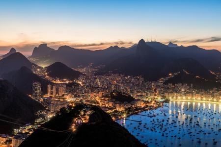 巴西，里约热内卢，湾，湾，船，晚上
