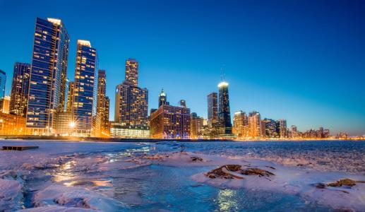 芝加哥，芝加哥，冬天，冰，摩天大楼，海湾，夜晚的城市