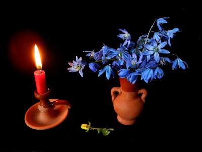 花瓶，鲜花，蜡烛，黑色背景
