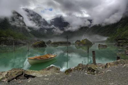 bondhus，山，湖，船，挪威，雾，湖