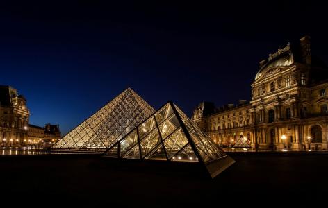 法国卢浮宫，巴黎，卢浮宫，博物馆，法国，巴黎，金字塔，灯光，灯光，城市，夜景