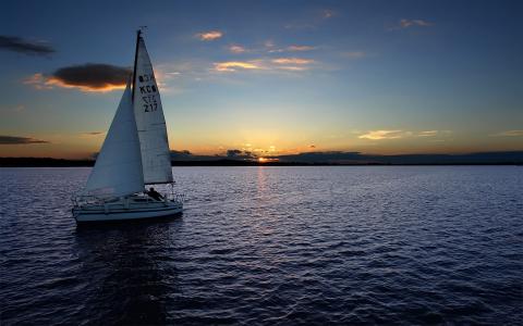 游艇，冷静，日落，地平线，帆船
