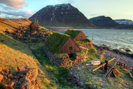 山，房屋，冰岛，海